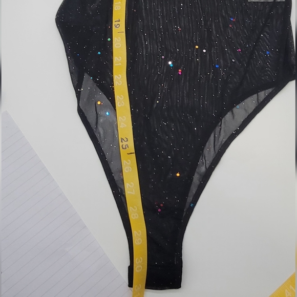 Lulu's Black Sheer Bodysuit with Glitter Accents, Long sleeves, High neck,  Sz M - Picture 5 of 9